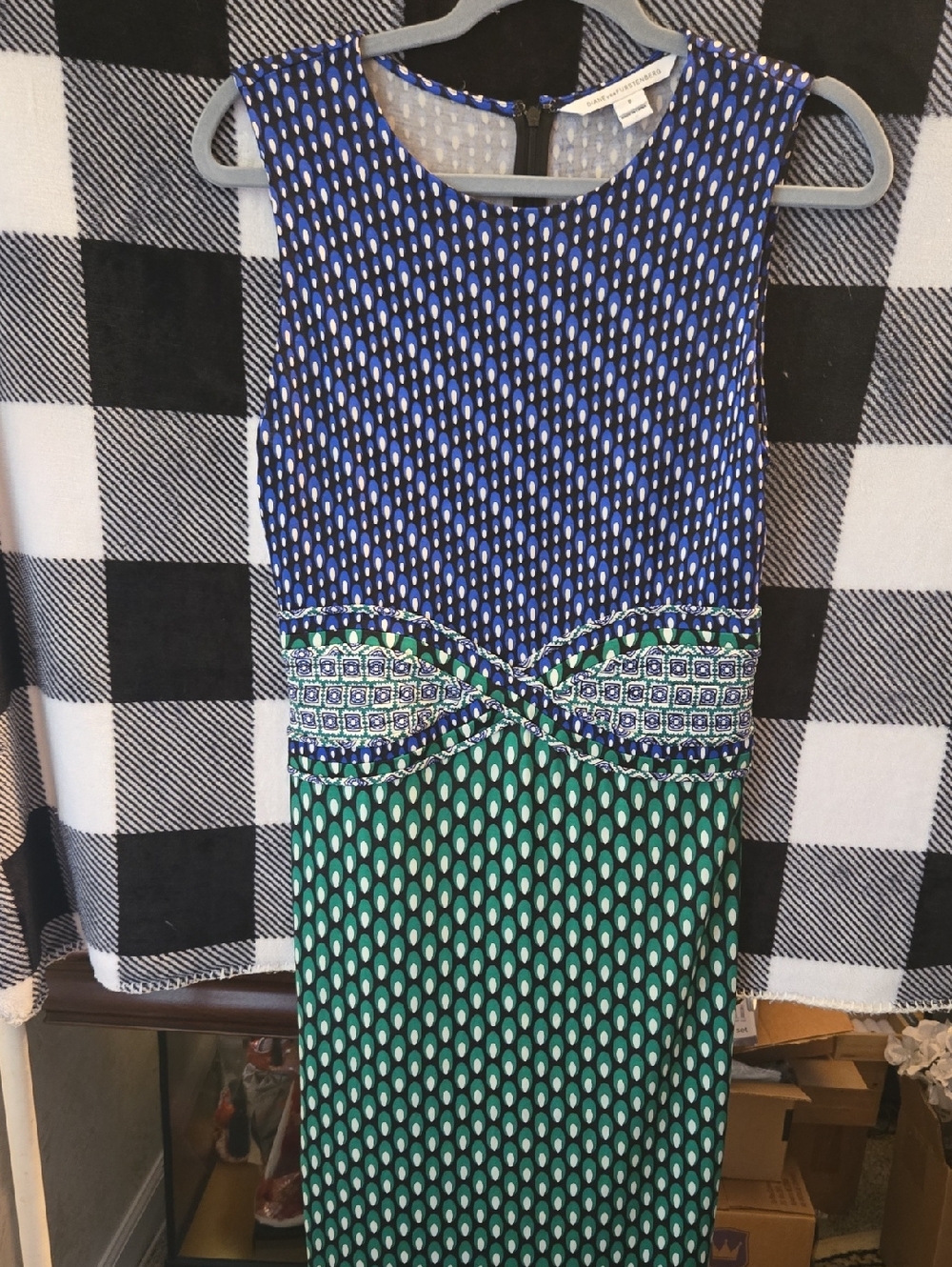 Diane Von Furstenberg Blue and Green Sleeveless Midi Dress